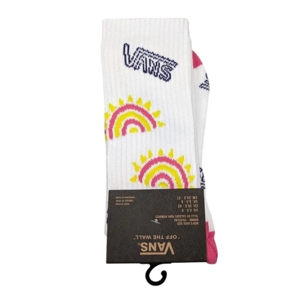 Vans Crew Socks Mens Womens 6.5-9 White Pink Rainbow Sunshine All Over Print New